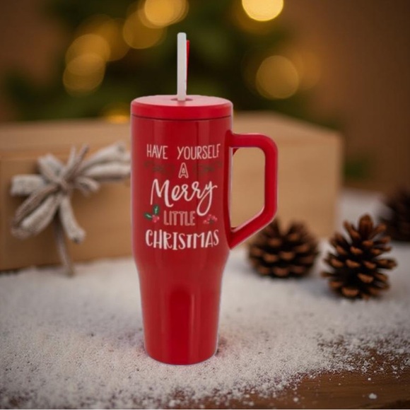 Red Christmas Travel Mug / Red Christmas Tumbler with Straw - Picture 7 of 11